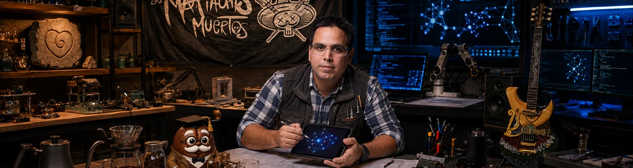 Edgar at a bench — Prof Bean and the coffee gear on the table, a knowledge graph on the tablet
