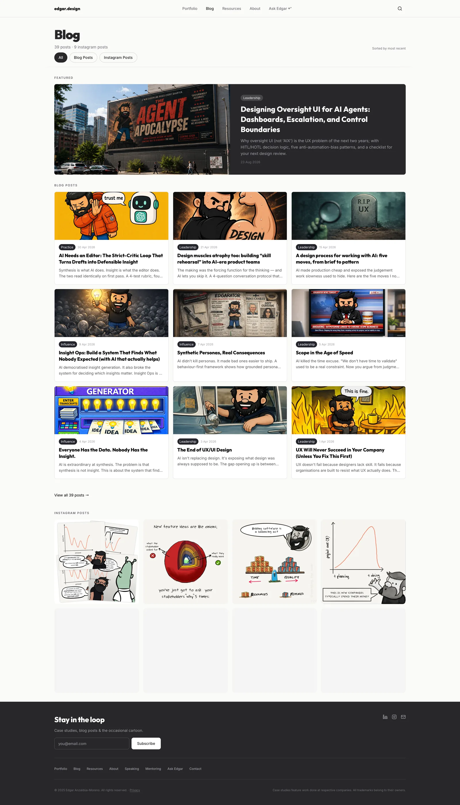 The blog index — 39 posts, featured story and Instagram grid, all statically built