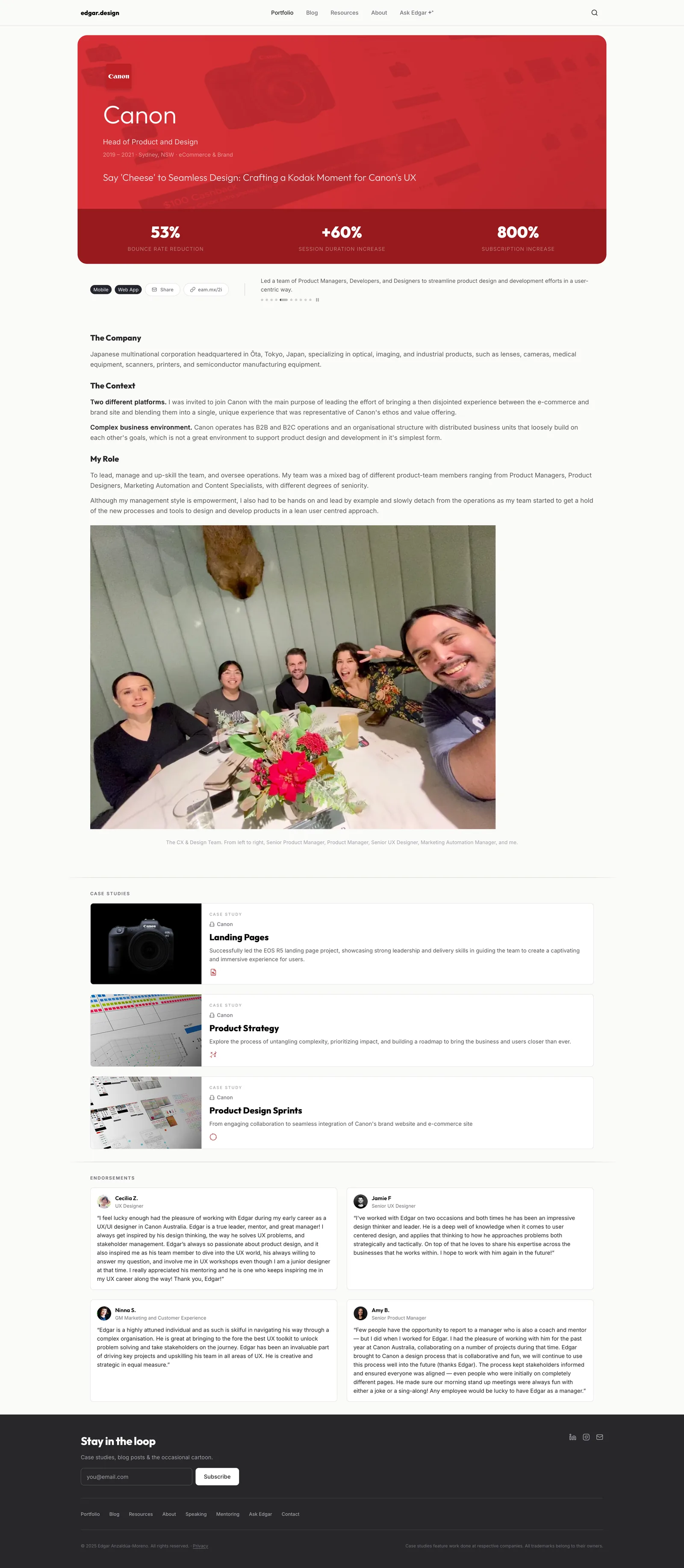 A company page — Canon, with outcomes, role, case studies and endorsements on one page