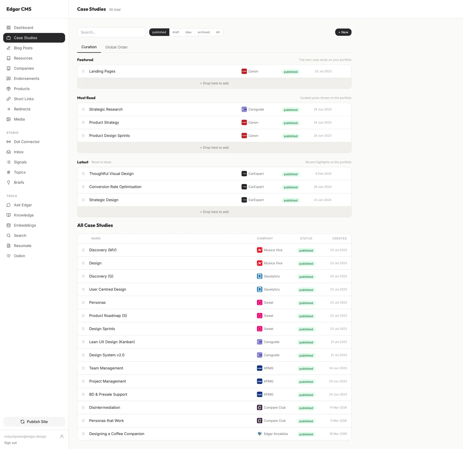 Curating the portfolio by hand — featured, must-read and latest, drag to order