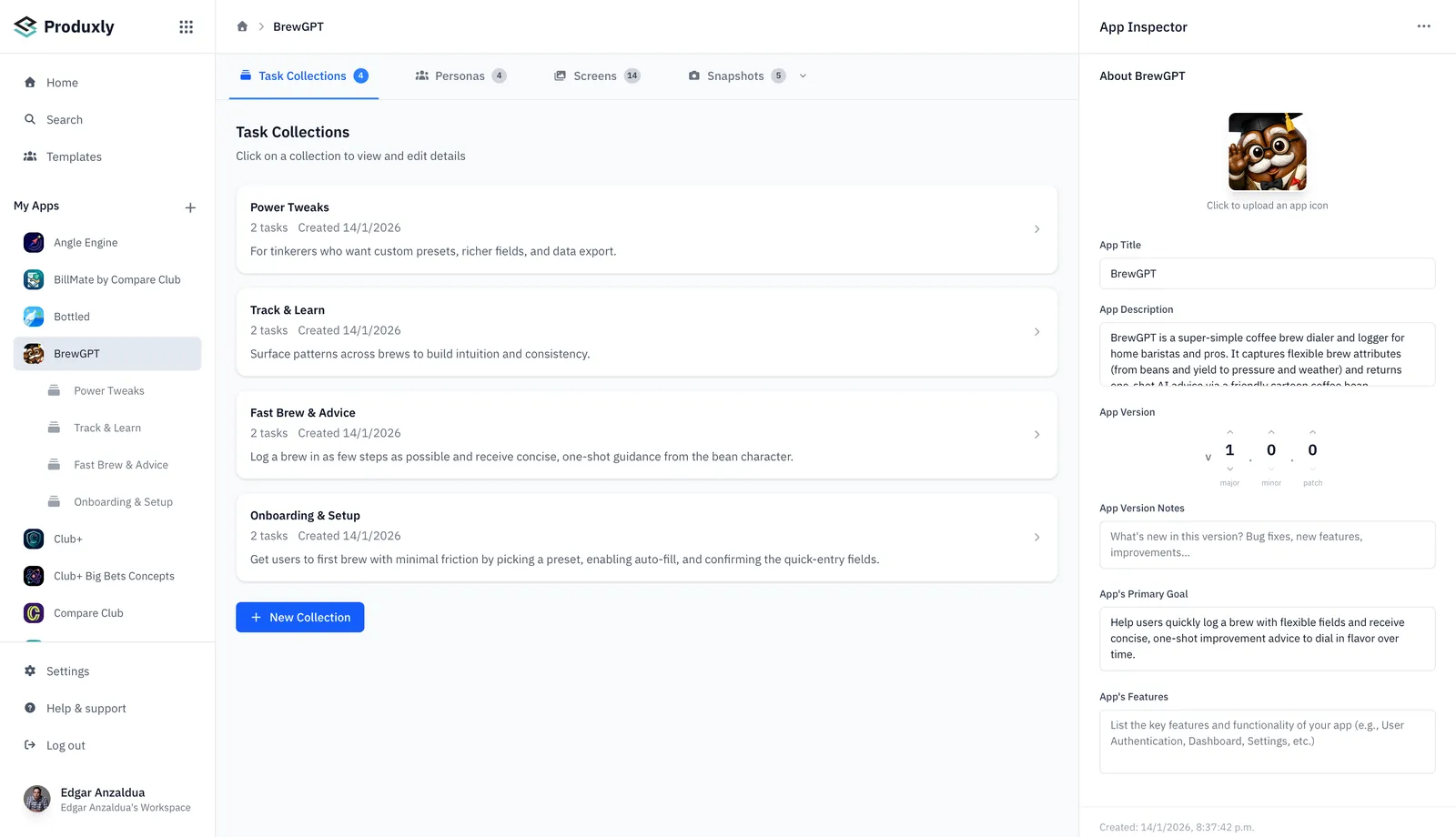 An app, its task collections, and what the inspector knows about it
