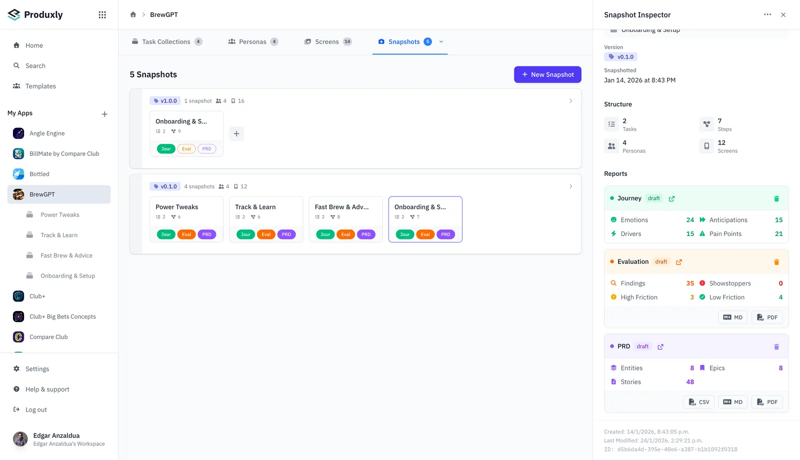A snapshot per change — journey, findings and PRD counts side by side