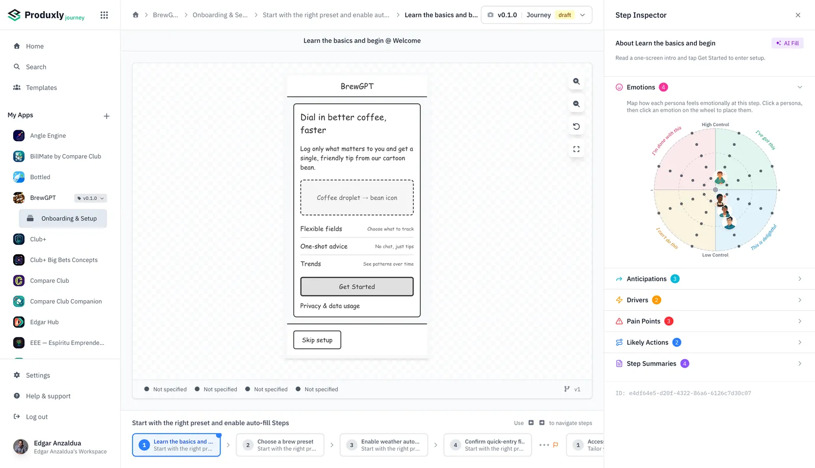 A single step — emotions, pain points, likely actions, summary