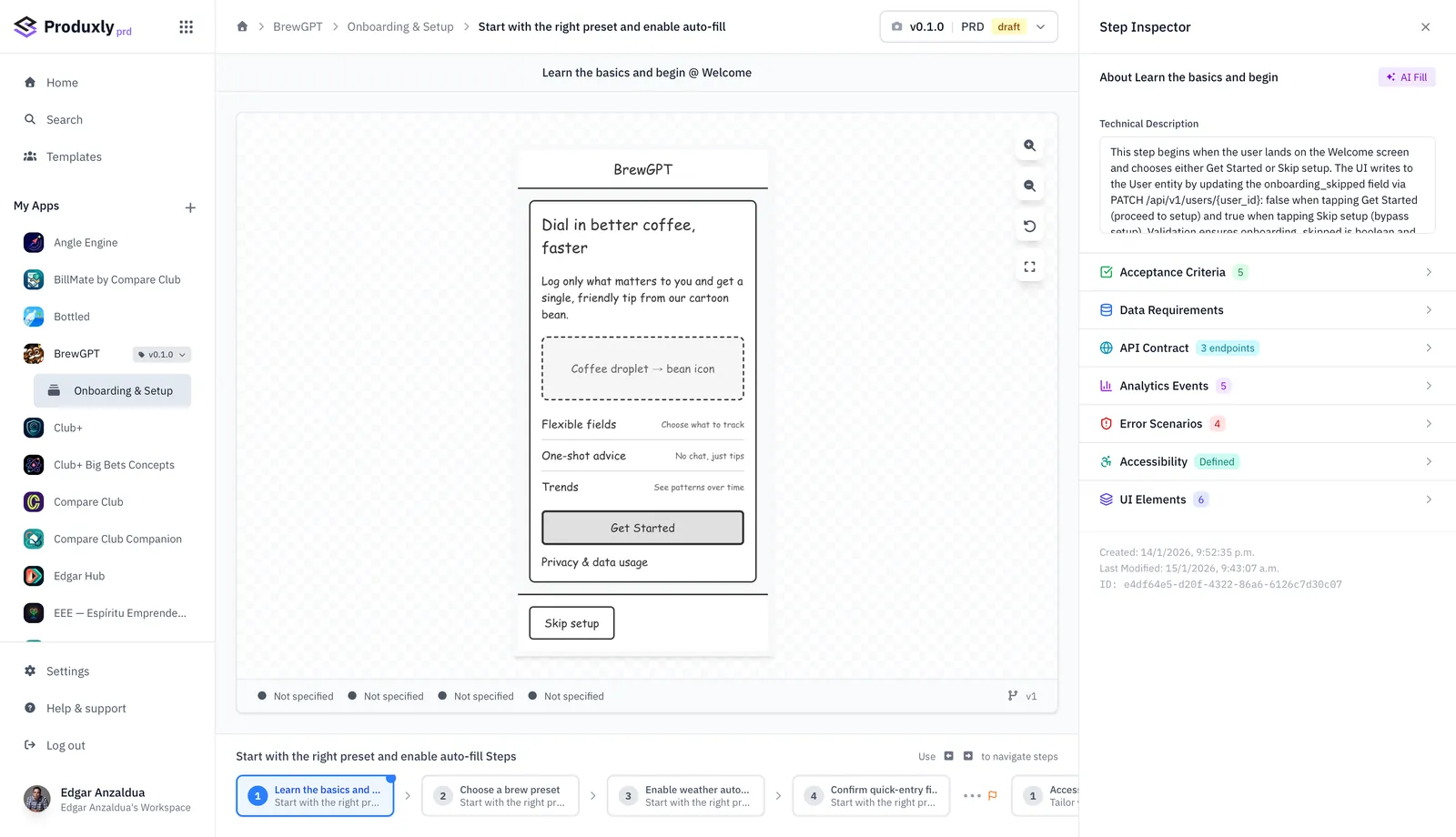 A step written up: acceptance criteria, API contract, analytics events, error scenarios, accessibility