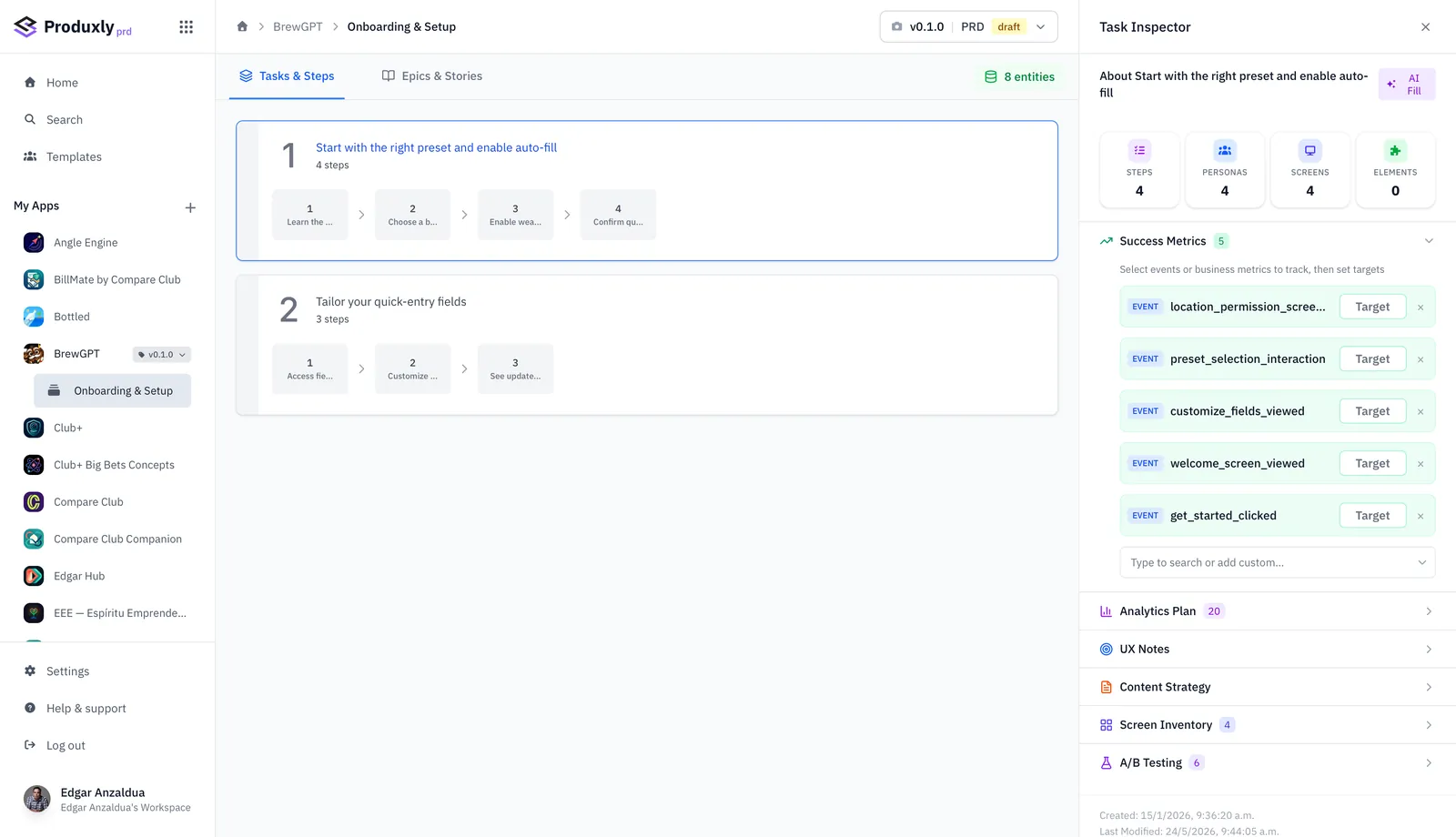 Tasks and steps, with success metrics and screen inventory beside them