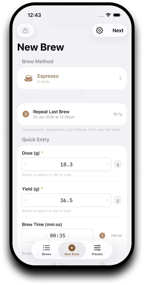 Logging a shot — dose, yield, time, swipe or type