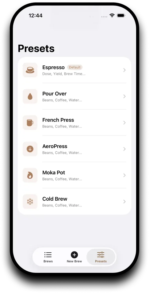 Six brew methods, each with its own fields