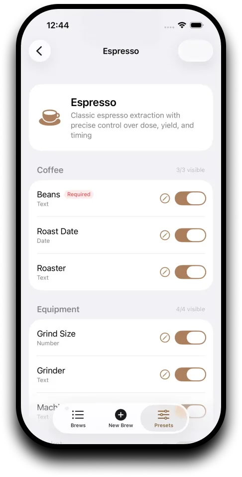 Every field on a method can be turned off — the form adapts to how you actually brew