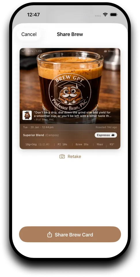 A brew card built from the shot, ready to share