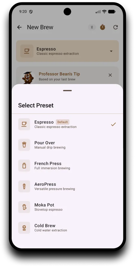 Choosing a brew method from a sheet